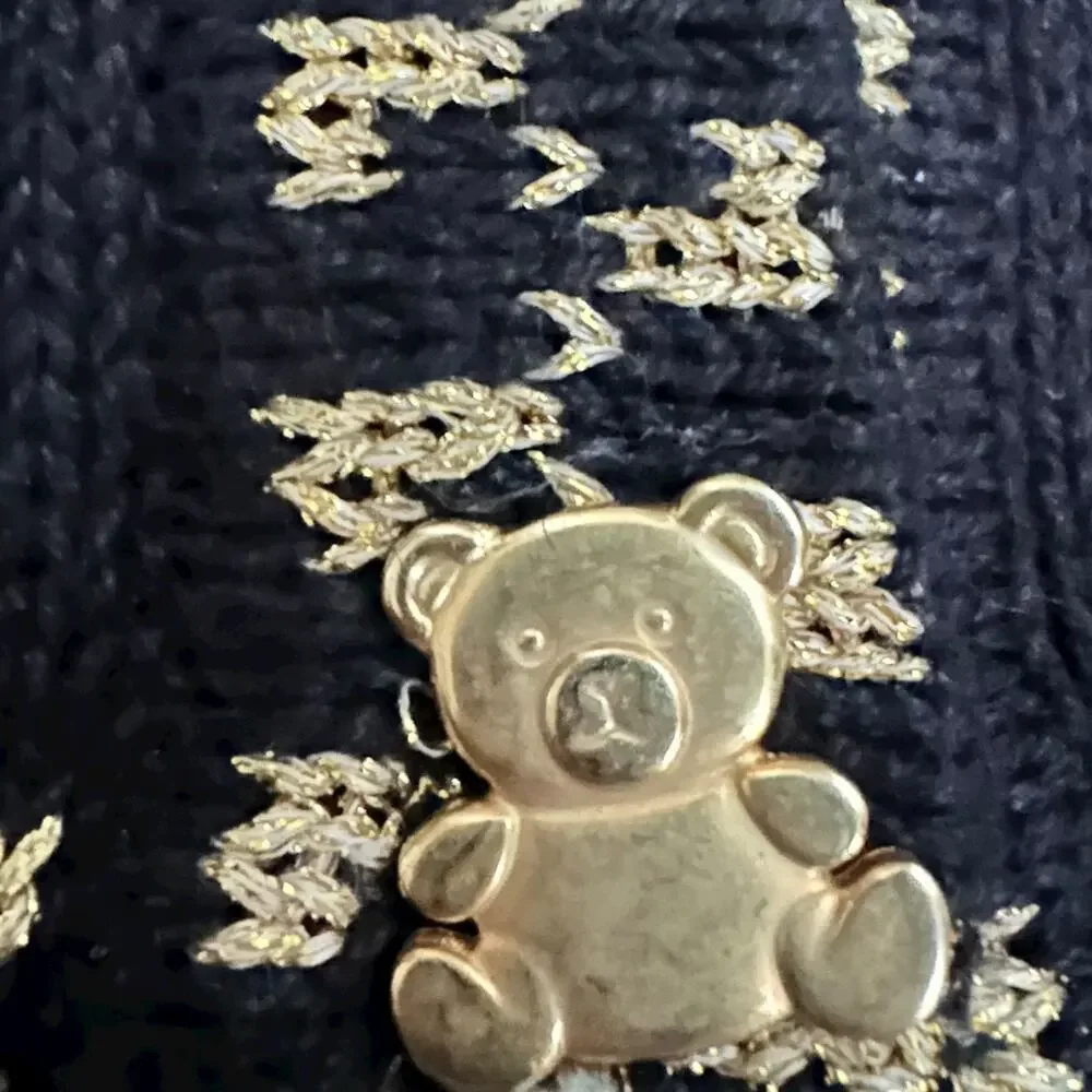Vintage P’Galli Sequin Teddy Bear Christmas Vest XL Black Gold Holiday Sweater